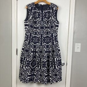 Escada Fit and Flare Sleeveless Dress Navy White Damask Floral Size 44 US 14